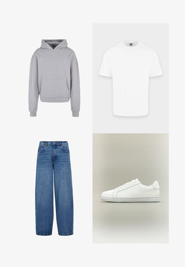 Grijze katoenen hoodie met een voorzak, een capuchon met trekkoord en ribgebreide manchetten en zoom. Heeft een zachte, gestructureerde afwerking.; Effen witte katoenen T-shirt met korte mouwen en ronde hals, weergegeven op een lichtgrijze achtergrond.; Wijdvallende jeans in middelblauwe denim. Beschikt over een hoge taille, klassiek vijf-pocketontwerp en subtiele vervaging langs de benen. Standaard zoom.; Witte lage sneaker met veterluiting aan de voorkant en een gestructureerde rubberen zool tegen een neutrale achtergrond.