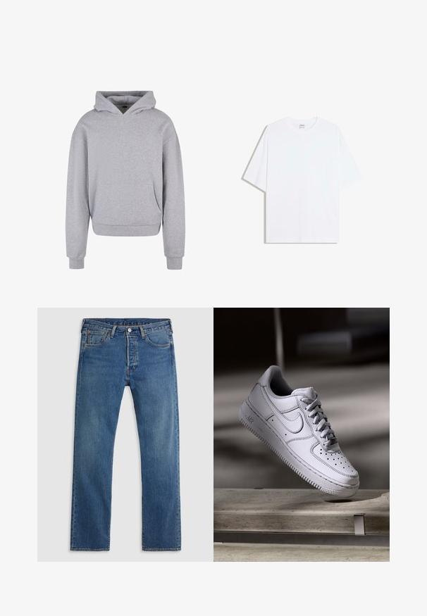 Grijze katoenen hoodie met een voorzak, een capuchon met trekkoord en ribgebreide manchetten en zoom. Heeft een zachte, gestructureerde afwerking.; Wit oversized katoenen T-shirt met een ronde hals en korte mouwen; gladde textuur, zonder zichtbare patronen of accenten.; Blauwe rechte denim jeans met vijf zakken, riemlussen en een sluiting met een knoop en ritssluiting aan de voorkant, op een effen achtergrond.; Witte Nike Air Force 1 sneaker van leer met geperforeerde neus, platte veters en een gestructureerde rubberen zool met "AIR"-logo aan de zijkant.