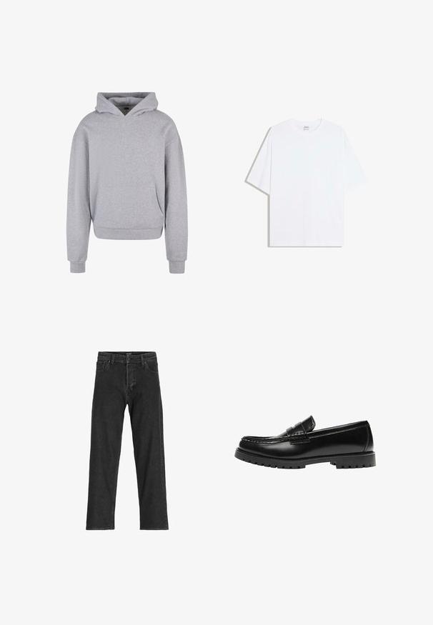 Haut à capuche en coton gris avec une poche avant, un cordon de serrage à la capuche et des poignets et un ourlet côtelés. Présente une finition douce et texturée.; T-shirt oversize en coton blanc avec un col rond et des manches courtes ; texture lisse, sans motifs ni accents visibles.; Jean en denim noir avec une coupe droite, dotée d'une fermeture éclair, de passants de ceinture et de six poches, confectionnée dans un tissu en coton robuste.; Mocassin en cuir noir avec une semelle en caoutchouc épaisse et un détail classique de bride à monnaie, vu de côté extérieur.