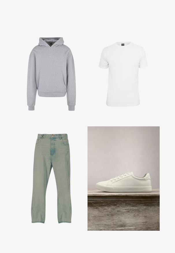 Haut à capuche en coton gris avec une poche avant, un cordon de serrage à la capuche et des poignets et un ourlet côtelés. Présente une finition douce et texturée.; T-shirt blanche à manches courtes, en coton, avec un col rond et une texture lisse, conçue pour un usage décontracté.; Jean droit bleu clair avec bouton à l'avant, passants pour ceinture et poches avant, présenté sur un fond blanc.; Sneaker en dentelle blanche flottant au-dessus d'un banc en bois avec un feuillage vert en arrière-plan, mettant en valeur le design et la texture de la chaussure.