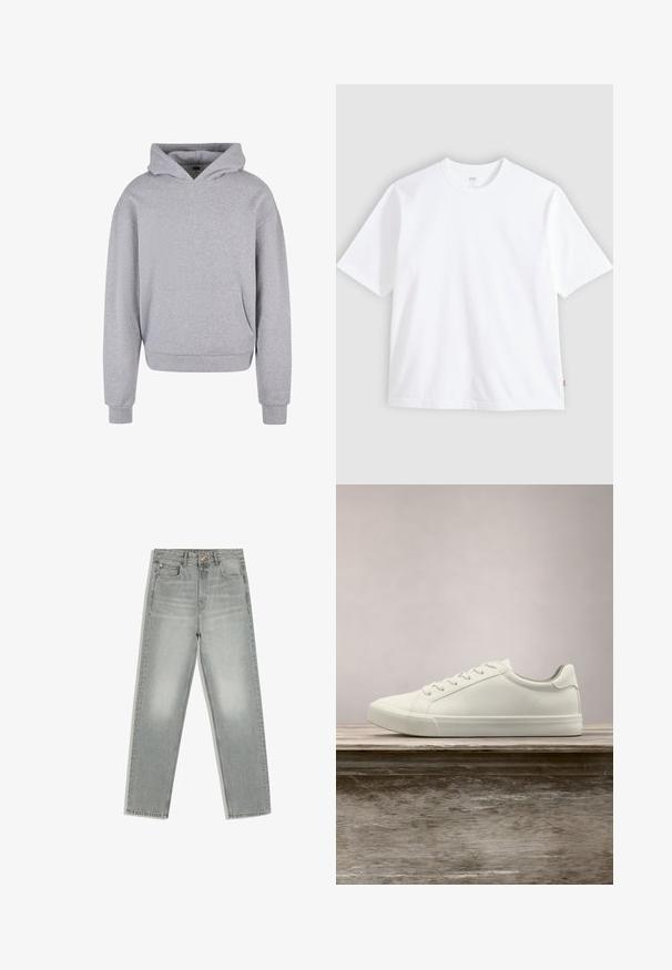 Grå bomulds-hoodie med en frontlomme, snoretræk i hætten og ribbede manchetter og kant. Har en blød, tekstureret overflade.; Hvid t-shirt med korte ærmer lavet af bomuld, med rund hals og lige snit. Mærke synligt på den nederste side af kanten.; Grå støvleben jeans med fem lommer, knap- og lynlåslukning, vist fladt på hvid baggrund.; Hvide snørresneakers svævende over en træbænk med grønne planter i baggrunden, der fremhæver skodesign og tekstur.