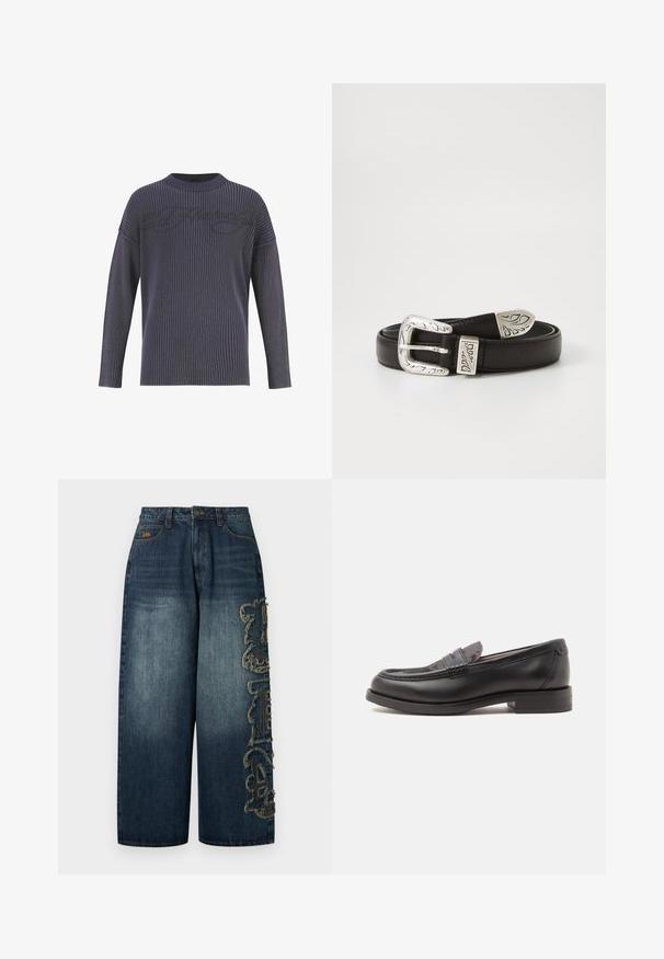 Pull en tricot gris foncé avec une texture côtelée, grand col rond et épaules tombantes. Présente un motif de logo subtil sur le devant.; Jean large en denim bleu foncé avec broderie ornée effilochée sur un côté. Caractérisé par une ceinture standard et des passants pour ceinture.; Mocassin noir en cuir avec un petit talon et une partie supérieure texturée, affiché de profil sur un fond clair uni.; Ceinture en cuir noir avec une boucle décorative en argent présentant des motifs de feuilles en relief et des extrémités arrondies. Texture lisse, design classique.