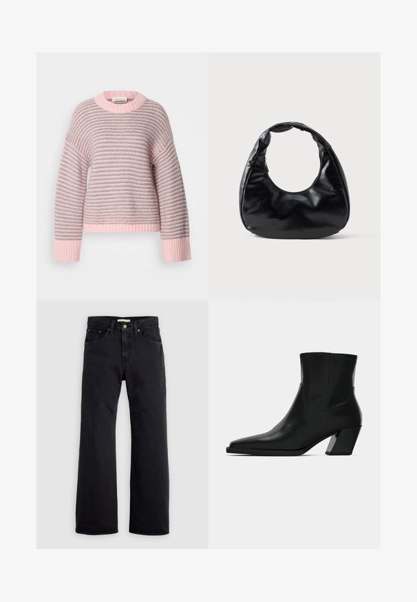 Pull rayé avec un schéma de couleurs rose clair et gris, texture douce en maille, poignets côtelés et encolure ronde.; Jean noir taille haute à coupe droite, fermeture par bouton et zipper à l’avant, design à cinq poches sur fond clair uni.; Bottine en cuir noir avec un bout pointu, une silhouette élégante et un talon carré massif. Texture lisse avec des détails de couture minimalistes.; Sac à main en simili cuir noir avec une forme de croissant unique, une large poignée rembourrée et une fermeture éclair. Texture lisse et brillante, design minimaliste.