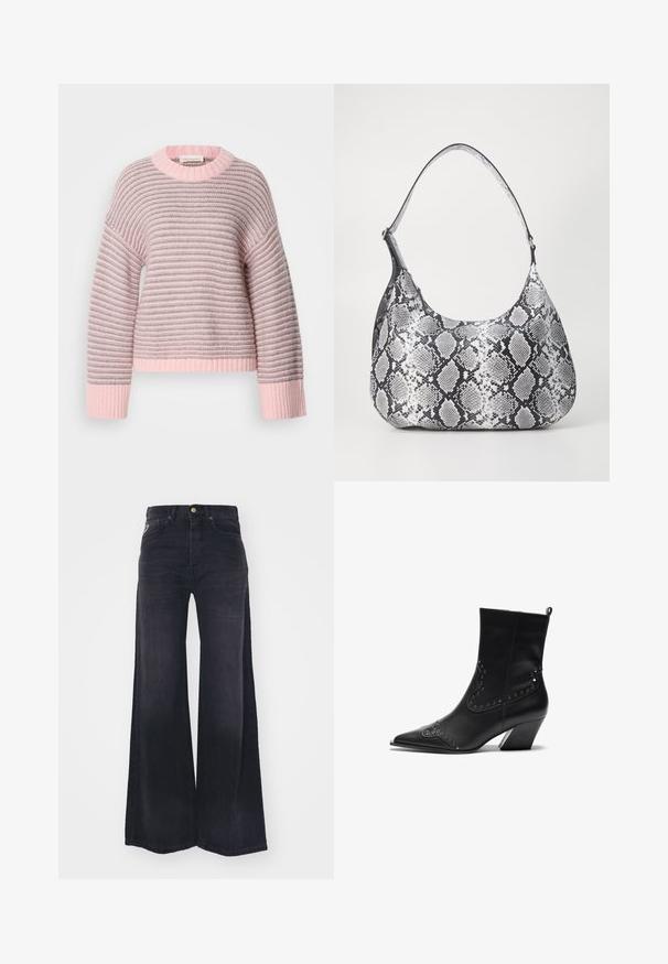 Pull rayé avec un schéma de couleurs rose clair et gris, texture douce en maille, poignets côtelés et encolure ronde.; Jean noir taille haute à jambes larges, avec bouton et fermeture éclair à l'avant, et style cinq poches.; Bottines en cuir noir avec un bout pointu, des détails décoratifs en clous et un talon épais. Texture lisse avec un design élégant et sophistiqué.; Sac à épaule en simili cuir noir et blanc avec imprimé serpent, de forme arrondie, texture lisse et bandoulière incurvée. Présente un accent en matériel argenté.