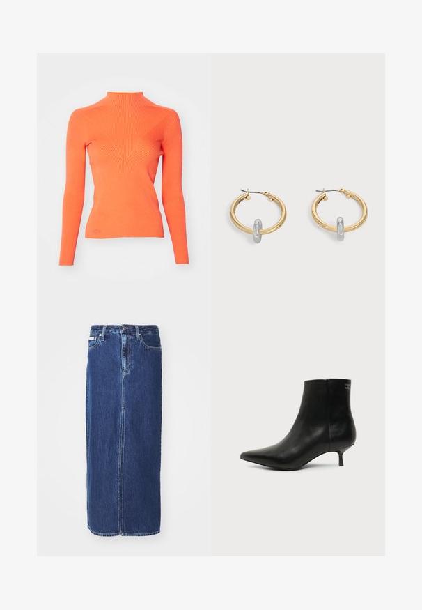 Pull à col roulé côtelé en orange vif, avec des manches longues et une silhouette ajustée, présentant un élément de design en V sur le devant.; Jupe en denim bleu foncé, à mi-longueur, avec une fente avant, une taille traditionnelle et un design à cinq poches avec des coutures contrastées.; Bottine en cuir noir avec bout pointu et petit talon kitten sur fond clair, vue côté extérieur.; Paire de boucles d'oreilles créoles dorées avec un petit détail boucle ton argent sur chaque, exposées sur fond gris clair.