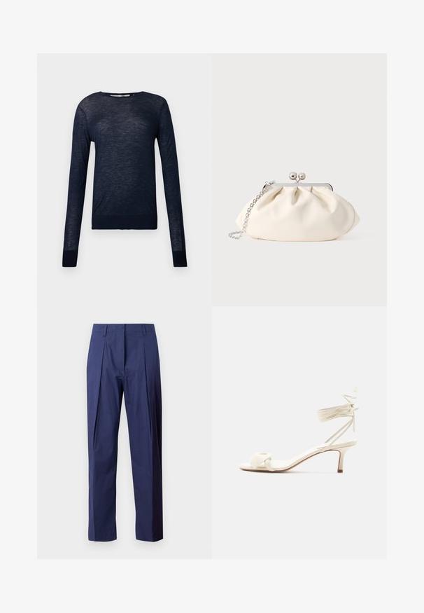 Pull bleu marine à manches longues en tissu léger et texturé, avec un col rond et des manches ajustées, arborant un design subtil et respirant.; Pantalon bleu marine en tissu léger, avec une coupe droite, des plis à l'avant et une texture lisse.; Sandale à talon bas de couleur crème avec des liens à nouer autour de la cheville et une large bride torsadée sur les orteils, sur un fond blanc uni.; Pochette en tissu crème avec un design froncé, cadre en métal argenté, deux boules décoratives, et une bandoulière chaîne argentée.