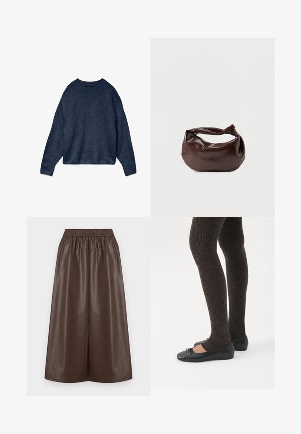 Mørkeblå crewneck sweater med lange ærmer samt ribbede manchetter og kant, lavet af blødt strikket stof.; Brun nederdel i imiteret læder med elastisk taljebånd, vidbenet design og glat, skinnende tekstur. Ingen mønstre eller pynt.; Ben iført mørke ribbede leggings kombineret med sorte balletsko med små sløjfedetaljer på hvid baggrund.; Mørkebrun læder skuldertaske med en blød, afslappet form og et snoet knudehåndtag på en ensartet hvid baggrund.