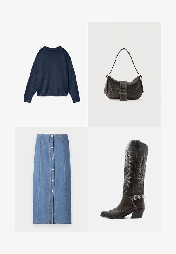 Marineblauwe ronde hals sweater met lange mouwen en geribbelde manchetten en onderrand, gemaakt van zachte gebreide stof.; Denimrok in lichtblauw met een rechte silhouet. Beschikt over een frontale knoopsluiting, verticale stiksels en een ruwe zoom aan de onderkant.; Zwarte leren cowboylaars met decoratieve uitsnijdingen, zilveren gesp en schuine hak, weergegeven op een witte achtergrond.; Zwarte leren schoudertas met gespsluiting aan de riem, afgeronde hoeken en contrasterende witte stiksels op een effen achtergrond.