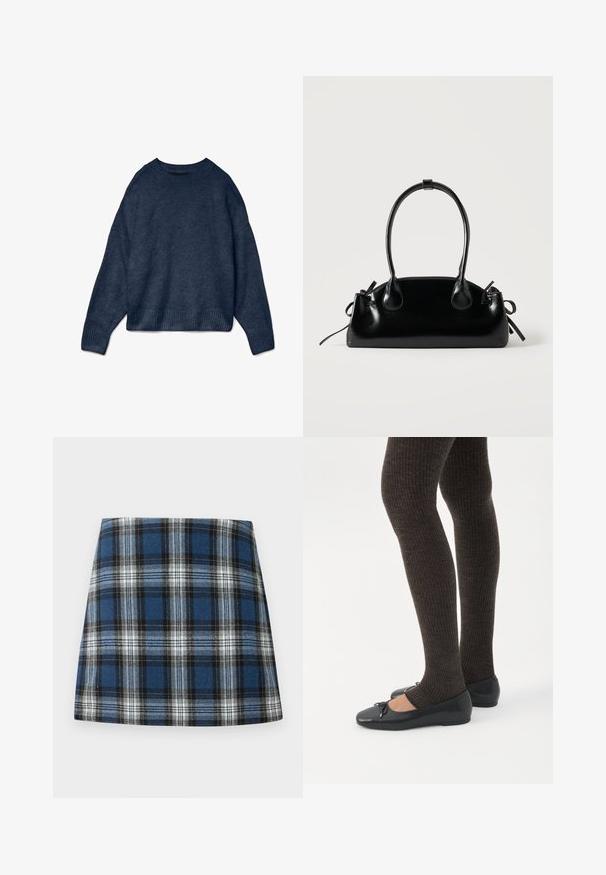 Mørkeblå crewneck sweater med lange ærmer samt ribbede manchetter og kant, lavet af blødt strikket stof.; Blåternet skørt med et varieret ternmønster i blå, sort og hvid. Fremstillet af et struktureret stof med en tætsiddende silhuet.; Ben iført mørke ribbede leggings kombineret med sorte balletsko med små sløjfedetaljer på hvid baggrund.; Lille sort blank håndtaske med to lange håndtag og snøre-detaljer i siden på en ensfarvet lys baggrund.