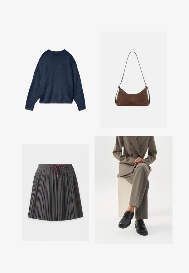Mørkeblå crewneck sweater med lange ærmer samt ribbede manchetter og kant, lavet af blødt strikket stof.; Mørkegrå plisseret nederdel med elastik i taljen og en bundet vinrød snor foran i midten.; Person iført en taupe dragt, der sidder på en hvid blok med benene krydset og viser sorte snørelæder sko på en hvid baggrund.; Brun ruskind skuldertaske med en buet lynlås øverst og en tynd justerbar rem, vist mod en ensfarvet lys baggrund.