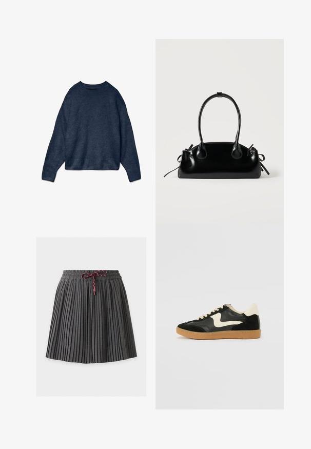 Mørkeblå crewneck sweater med lange ærmer samt ribbede manchetter og kant, lavet af blødt strikket stof.; Mørkegrå plisseret nederdel med elastik i taljen og en bundet vinrød snor foran i midten.; Sorte ruskinds- og lædersneakers med en cremefarvet side-swoosh og lys cremefarvet hæl. Har beige snørebånd og en gummirubber-sål.; Lille sort blank håndtaske med to lange håndtag og snøre-detaljer i siden på en ensfarvet lys baggrund.