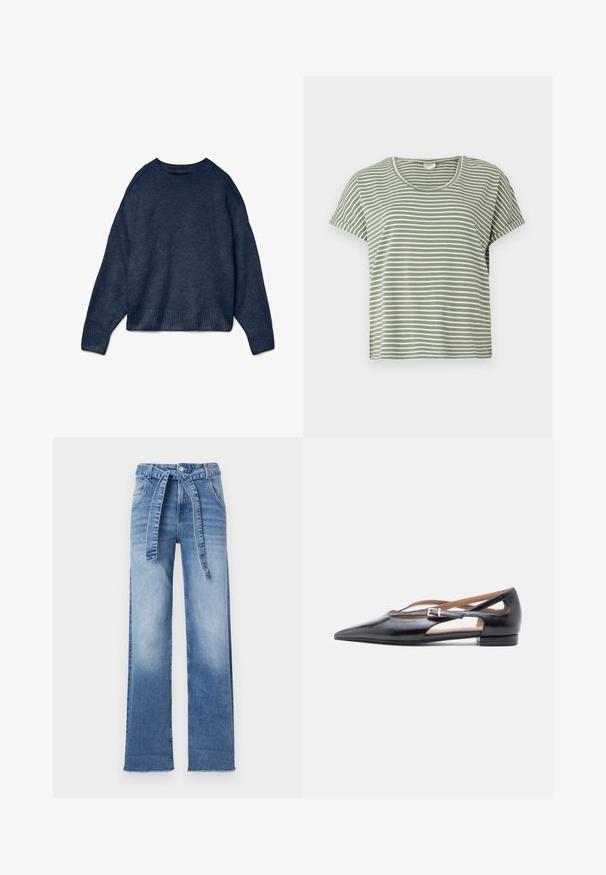 Marineblauwe ronde hals sweater met lange mouwen en geribbelde manchetten en onderrand, gemaakt van zachte gebreide stof.; Groen gestreept T-shirt, korte mouwen, ronde halslijn, gemaakt van zachte stof. Beschikt over afwisselend witte en groene strepen.; Lichtblauwe denim high-waisted broek met een wijdégi ontwerp, voorzien van een strikriem in de taille en een vervaagde wasafwerking.; Zwarte leren platte schoenen met een puntige neus, open zijkanten en een klein enkelbandje met een zilveren gespaccent.