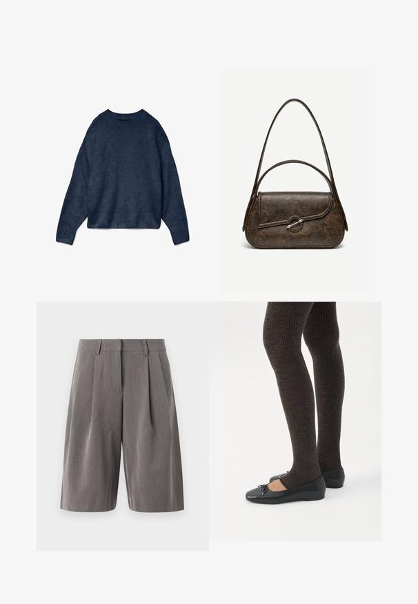 Mørkeblå crewneck sweater med lange ærmer samt ribbede manchetter og kant, lavet af blødt strikket stof.; Grå skræddersyede knælange shorts med forreste læg og bæltestropper, lavet af glat vævet stof, vist mod en ensfarvet baggrund.; Ben iført mørke ribbede leggings kombineret med sorte balletsko med små sløjfedetaljer på hvid baggrund.; Mørkebrun tekstureret læderhåndtaske med to stropper, afrundet rektangulær form og sølvfarvet cirkulært låsespænde på frontklap.