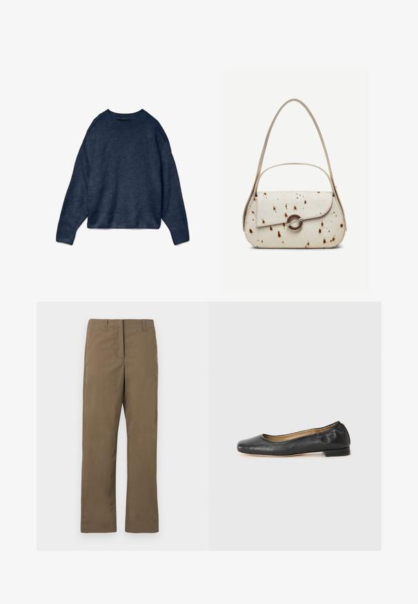 Pull col rond bleu marine avec manches longues et bords côtelés, fabriqué en tissu tricoté doux.; Pantalons droits marron en tissu mélangé de coton. Comprend des passants de ceinture, une poche avant et une texture lisse sans motifs.; Ballerines en cuir noir avec un bout arrondi et des coutures minimales. Talon bas et rectangulaire avec une texture lisse. Détails subtils de doublure intérieure.; Sac à main couleur crème avec des taches marron, rabat incurvé avec une fermeture métallique circulaire, doté de deux fines anses, dont une plus longue pour porter à l'épaule.