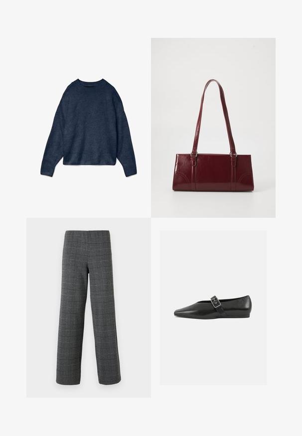 Tumedas sinine ümmarguse kaelusega sviiter pikkae varrukatega, soonikkoes manšettide ja alumise servaga, valmistatud pehmest kudumiskangast.; Vero Moda VMBERLIN WIDE PANT - Püksid - dark grey/black; Must mustril leedjalats, millel on terav varvas, metallist pandla rihm üle jala ja madal, paindlik tall.; Burgundia värvi käekott, mis on valmistatud läikivast materjalist, ristküliku kujuline, kahe õlapaelaga ning ees on peened kaarjad aktsendid.