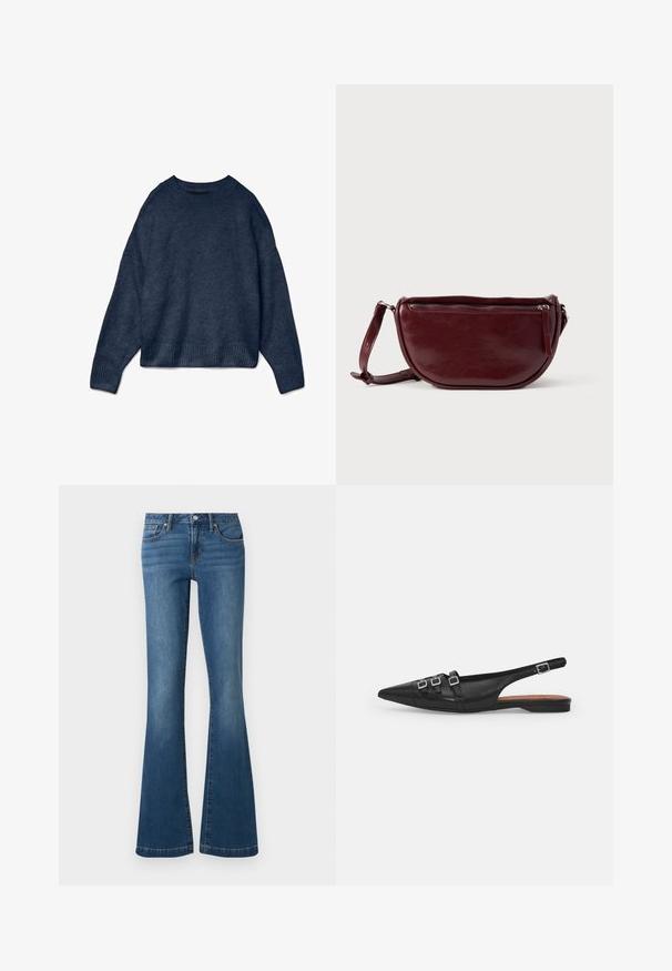 Marineblauwe ronde hals sweater met lange mouwen en geribbelde manchetten en onderrand, gemaakt van zachte gebreide stof.; Blauwe denim jeans met een hoge taille, voorzijde met knoop en rits, vijfzakkenmodel en uitlopende pijpen op een effen achtergrond.; Zwarte leren slingback ballerina met spitse neus, voorzien van twee horizontale bandjes en vierkante zilveren gespen, lage hak en een gladde textuur.; Dieprode lederen handtas met een halve-maansvorm, een ritssluiting en een afneembare riem. Gladde textuur met een subtiele glans.