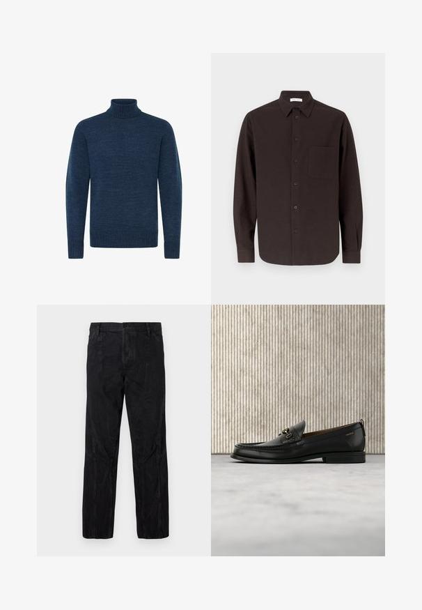 Tumesinine kõrge kaelusega sweater, mis on valmistatud tekstuurses kangas, pikkade varrukate ja soonikute aktsentidega kaeluses ja allservas.; Tumepruunist puuvillast pikka varrukaga särk, millel on terava krae, eesmine tasku ja klassikaline nööpide sulgemine ees.; Mustadest kvaliteetsest tekstiilist püksid, sirge lõikega disain, ees taskud ja õrn õmblusdetail külgedel.; Mustast nahast loafer kuldse metallist detaili ja "HUGO" logoga, eksponeeritud beeži vaiba ning pruunide läbipaistvate mööbliesemete taustal.
