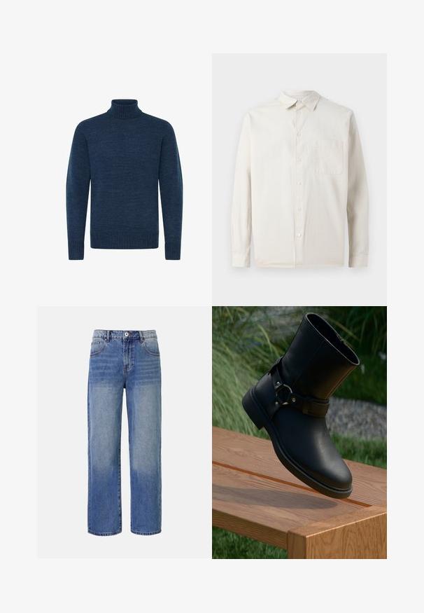 Suéter de cuello alto azul marino hecho de tejido texturizado, con mangas largas y acentos de canalé en el cuello y el dobladillo.; Samsøe Samsøe SADAMON - Camisa - off white; Jeans de mezclilla de pierna ancha en azul claro con un patrón de desvanecimiento, cinco bolsillos y cierre de cremallera. Presenta un botón y passadores para el cinturón en la cintura.; Botín negro de cuero hasta el tobillo con una textura suave, que presenta una correa lateral y un acento de anillo de metal, colocado sobre una superficie de madera.