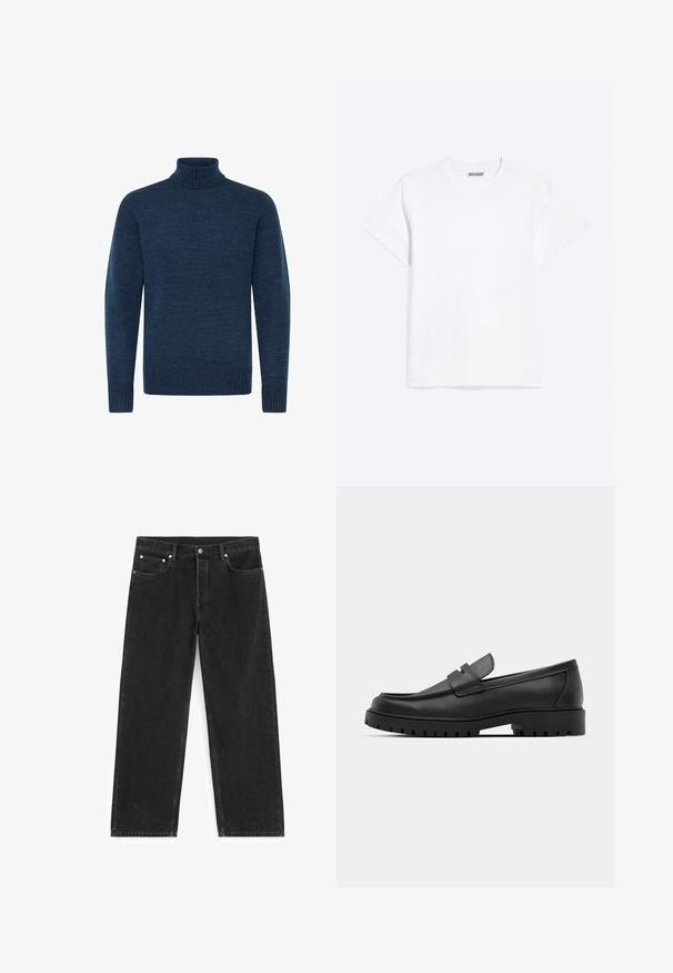 Tumesinine kõrge kaelusega sweater, mis on valmistatud tekstuurses kangas, pikkade varrukate ja soonikute aktsentidega kaeluses ja allservas.; Tavaline valge lühikeste varrukatega ümara kaelusega t-särk, millel on krae siseküljel silt "WEEKDAY", kuvatud helel taustal.; Mustad sirge säärega teksapüksid esiosa ja tagumiste taskutega, vööaasad ning nööpidega sulgumisega vöökohal.; Mustad musta nahast loafers, millel on ümar varvas, tikandiga disain, madal platvorm-soon ja tekstureeritud, soonikkummist välistald.
