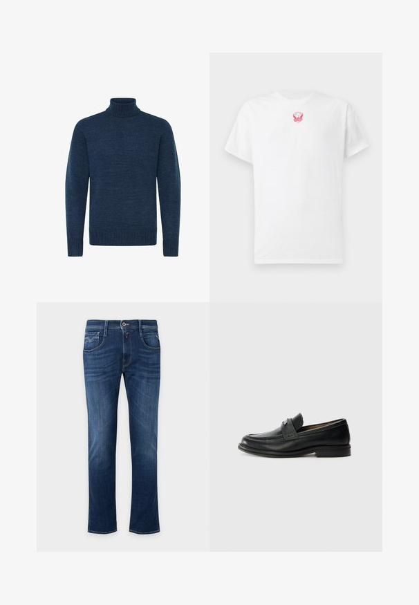 Tumesinine kõrge kaelusega sweater, mis on valmistatud tekstuurses kangas, pikkade varrukate ja soonikute aktsentidega kaeluses ja allservas.; Valge puuvillane t-särk lühikeste varrukatega, ümar kaelus ja rindkere kohal väike roosa brodeeritud kotkas. Pehme tekstuur.; Tumesinised sirgete säärtega teksad esikinnise, tõmbluku ja viie tasku disainiga.; Mustad mustad nahast kingad sileda pinnaga, millel on tekstuurne ülemine riba, madal konts ja minimaalsed õmblused.