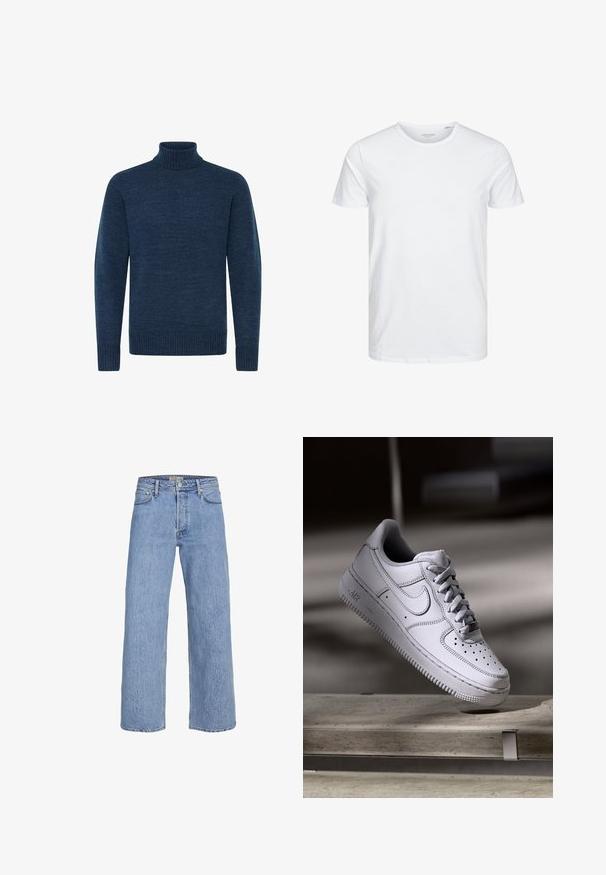 Pull en col roulé bleu marine en tissu texturé, avec des manches longues et des accents côtelés au col et à l'ourlet.; T-shirt à col rond à manches courtes de couleur blanche unie, fabriqué en coton doux, avec un design simple sans motifs ni accents visibles.; Jean en denim bleu clair à jambes larges avec une taille haute, design à cinq poches et détails de coutures subtils. Texture lisse et jambes droites.; La basket Nike Air Force 1 en cuir blanc présente un embout perforé, des lacets plats et une semelle en caoutchouc texturée avec le logo « AIR » sur le côté.