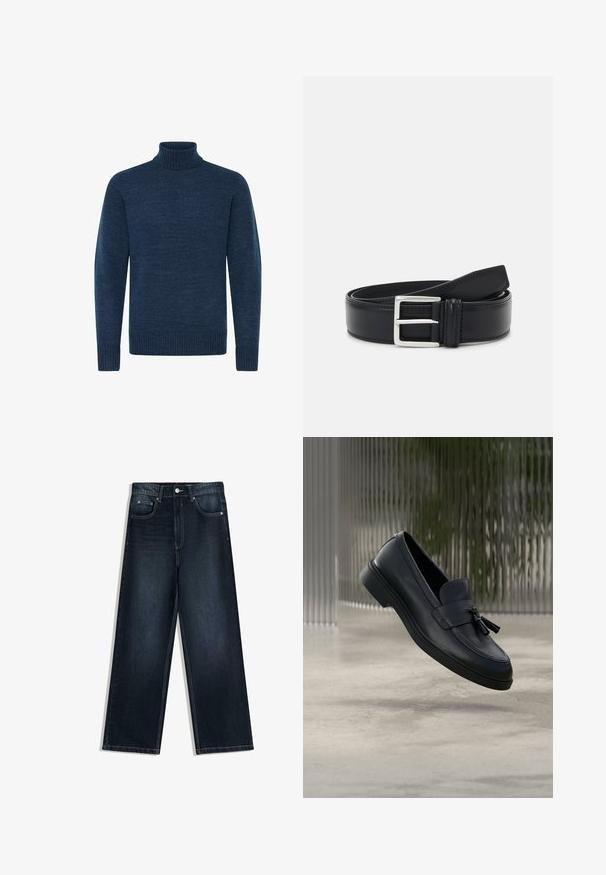 Navyblauwe coltrui van textuurstof, met lange mouwen en geribde accenten bij de kraag en onderrand.; Wide-leg donkere spijkerbroeken met een gladde textuur, voorzien van een voorste knoopsluiting, vijf zakken en contrasterende stiksel details.; Zwarte leren loafers met een gladde textuur, een afgeronde neus en decoratieve kwastjes aan de voorkant. Flexibele rubberen zool met lage hak.; Zwarte leren riem met een zilveren gesp, vlak ontwerp, gladde textuur en contrasterende stiksels langs de rand.
