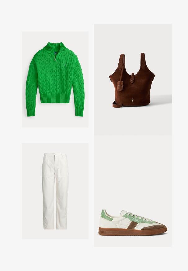 Grøn sweater med kabelstrik, høj krave og kvart lynlås. Har ribstrikket kant og manchetter samt et lille logo på brystet.; Hvide bukser med lige ben, store foran-lommer, bæltestropper og lukning med knap i taljen.; Lavprofil Polo-sneaker med hvidt læder, grønne ruskindsdetaljer, brun ruskindsstribe og gummisål.; Brun ruskindstaske med to skulderstropper, knaplukning og Polo Ralph Lauren-logo på fronten og hængende mærke.