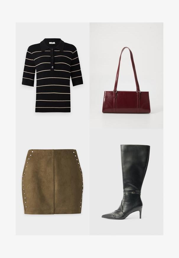Zwart en crèmekleurig gestreepd polo-shirt met korte mouwen, knoopsluiting aan de voorkant en ribbelkraag. Gemaakt van gebreide stof met een gladde textuur.; Olijfgroene suède minirok met zilveren studs langs de gebogen zijnaden en een verticale centrale naad.; Zwarte leren kniehoge laarzen met een slanke hak, puntige neus en banddetail bij de enkel. Gladde textuur en aansluitend ontwerp.; Bourgondische handtas van glanzend materiaal, rechthoekige vorm, met twee schouderbanden en subtiele gebogen accenten aan de voorkant.