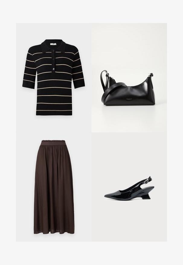 Polo de rayas negro y crema con mangas cortas, cierre de botones en la parte delantera y cuello acanalado. Fabricado con tela de punto de textura suave.; Falda marrón de longitud hasta el tobillo, hecha de una tela suave. Cintura elástica con textura fruncida, que ofrece un ajuste relajado. Diseño sencillo, sin patrones.; Zapato slingback de cuero charol negro con puntera puntiaguda y tacón bajo en bloque inclinado sobre fondo claro liso.; Bolso de mano de cuero negro con una textura suave. Cuenta con una correa ajustable y un diseño elegante y minimalista con cierre de cremallera.