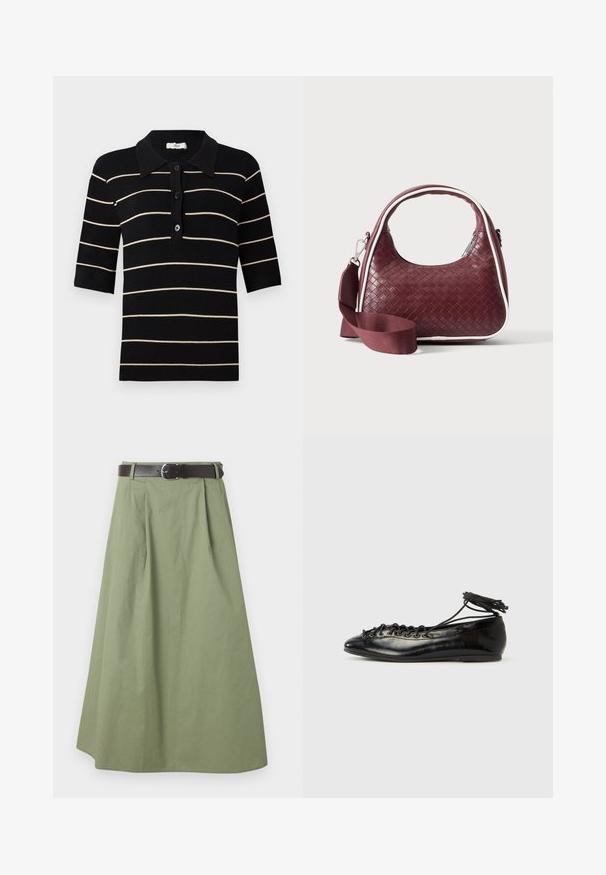Polo shirt rayé noir et crème à manches courtes, avec boutons sur le devant et col en côte. Fabriqué en tissu tricoté avec une texture lisse.; Jupe longue vert olive clair avec des plis et une ceinture marron foncé à boucle argentée à la taille.; Ballerines en cuir verni noir avec un bout rond, un design à lacets et une semelle plate. Texture lisse avec peu de détails.; Sac à main en cuir tressé marron foncé avec poignée courbée, garniture blanche, fermeture éclair argentée et bandoulière large en tissu amovible sur fond uni.