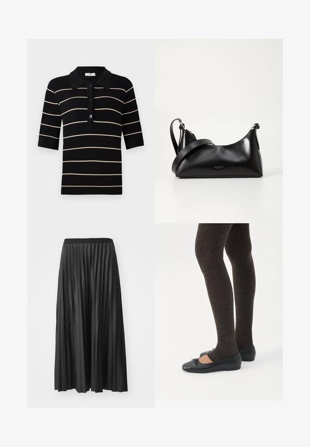 Polo shirt rayé noir et crème à manches courtes, avec boutons sur le devant et col en côte. Fabriqué en tissu tricoté avec une texture lisse.; Jupe maxi plissée noire avec une texture lisse et une taille élastique, dotée de plis verticaux qui créent du volume et du mouvement.; Jambes portant des leggings côtelés foncés associés à des ballerines noires avec de petits détails en nœud sur fond blanc.; Sac à main en cuir noir avec une texture lisse. Dispose d'une bandoulière adjustable et d'un design élégant et minimaliste avec une fermeture éclair.