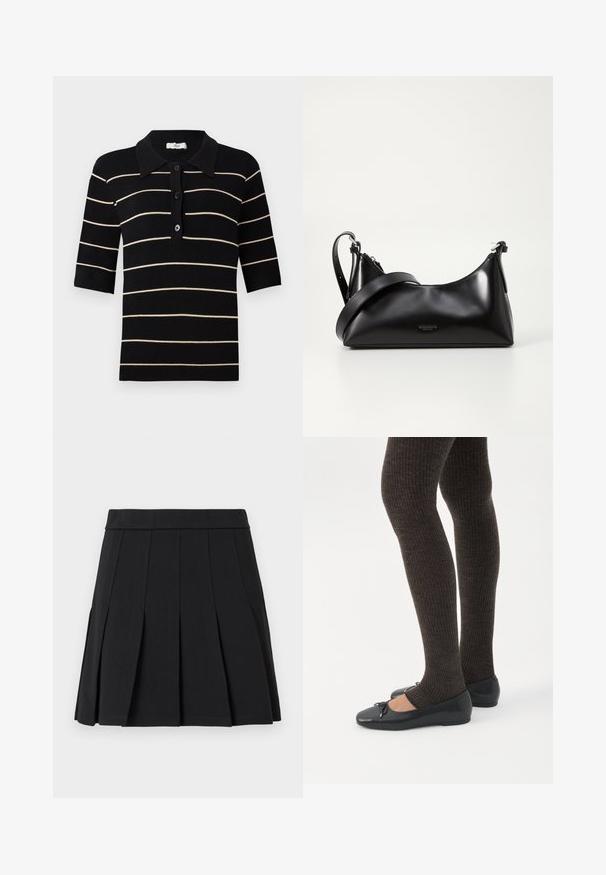 Zwart en crèmekleurig gestreepd polo-shirt met korte mouwen, knoopsluiting aan de voorkant en ribbelkraag. Gemaakt van gebreide stof met een gladde textuur.; Zwarte geplooide rok gemaakt van een glad materiaal. Voorzien van een brede tailleband en meerdere verticale mesplooien.; Benen met donkere geribbelde leggings gecombineerd met zwarte ballerina's met kleine strikdetails op een witte achtergrond.; Zwarte leren handtas met een gladde textuur. Beschikt over een verstelbare schouderband en een strak, minimalistisch ontwerp met een ritssluiting.