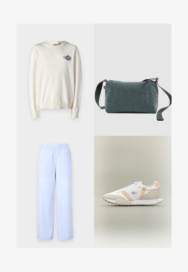 Crèmekleurige trui met ribbelboorden aan de onderkant en mouwen. Bevat een marineblauw geborduurd logo op de borst. Gemaakt van een zachte, gestructureerde stof.; Lichtblauwe gestreepte broek met een elastische tailleband, wijde pijpen, zijzakken en een gladde textuur. Geen extra versieringen.; Witte en beige lage sneakers met een gestructureerde zool, vetersluiting aan de voorkant en beige zijstrepen op een neutrale achtergrond.; Kleine rechthoekige denim schoudertas met een verstelbare donkergroene schouderriem en ritssluiting op een effen achtergrond.