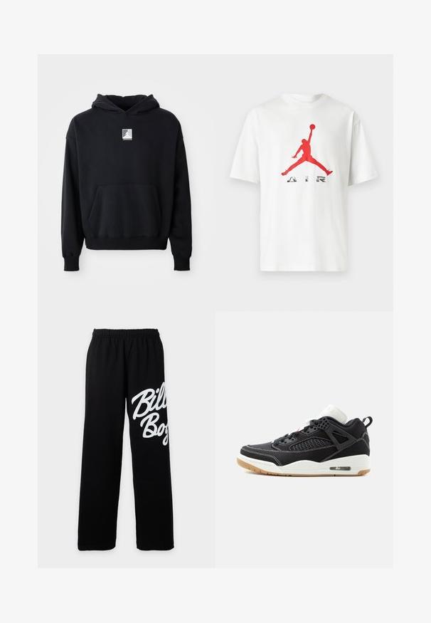 Haut à capuche noir avec poche avant et petit logo Jordan blanc centré sur la poitrine, présenté sur un fond blanc uni.; T-shirt blanc à manches courtes avec une silhouette rouge d’un joueur de basket sautant et le mot « AIR » en dessous sur le devant.; Pantalon de survêtement noir avec taille élastique, jambes larges et grand texte blanc « Billabong » sur la cuisse droite.; Baskets montantes noir et blanc avec coutures blanches, maille de ventilation, semelle en gomme et coussin d'air visible sur le côté du talon.