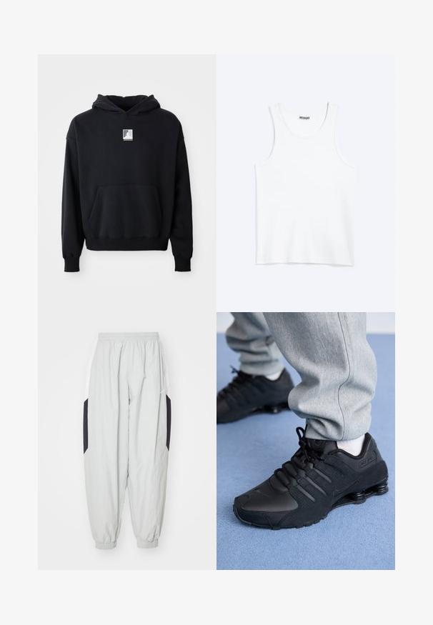 Sort hættetrøje med frontlomme og lille hvid Jordan-logo centreret på brystet, præsenteret på en ensfarvet hvid baggrund.; Hvid ærmeløs tanktop med rund halsudskæring og Weekday-mærke på den indvendige baghals, vist fladt på lys baggrund.; Lys grå træningsbukser lavet af letvægtsstof, med elastisk talje og manchetter, samt kontrasterende sorte og hvide sidelapper.; Person iført sorte Nike Shox sneakers og grå joggingbukser, der står på lyseblåt tæppe.