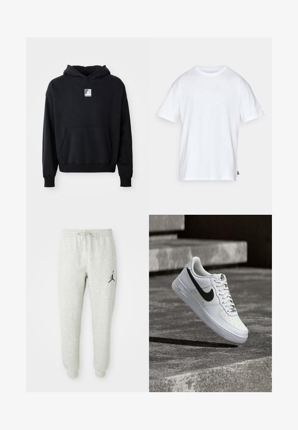 Schwarzer Kapuzenpullover mit einer Fronttasche und kleinem weißen Jordan-Logo, das mittig auf der Brust platziert ist, auf einem schlichten weißen Hintergrund präsentiert.; Weißes Baumwoll-T-Shirt mit kurzen Ärmeln und Rundhalsausschnitt. Verfügt über ein kleines, dezentes Nike-Logo auf der Brust und ein seitliches Etikett.; Graue Sweatpants mit elastischem Bund und Kordelzug, ausgestattet mit einem schwarzen Jumpman-Logo am linken Bein, aus weichem, strukturiertem Stoff gefertigt.; Weißer Nike Air Force 1 Sneaker mit schwarzem Swoosh, geschnürten Schnürsenkeln, schwebend in der Luft über einer strukturierten Betonoberfläche im Freien.