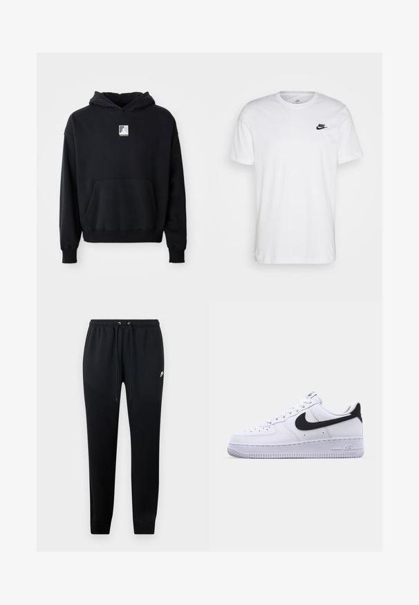 Zwarte hoodie met een voorzak en een klein wit Jordan-logo gecentreerd op de borst, weergegeven op een eenvoudige witte achtergrond.; Witte katoenen t-shirt met ronde hals, korte mouwen en een zwart Nike-logo op de linkerkant van de borst. Eenvoudig, effen kleur ontwerp.; Zwarte sweatpants van zacht materiaal, met een elastische tailleband met trekkoord, cuffs bij de enkels en een klein logo-detail aan de zijkant.; Witte leren sneaker met een gestructureerde zwarte Swoosh, platte veters en een rubberen zool met een geribbeld patroon. "AIR" is in de hak geperst.