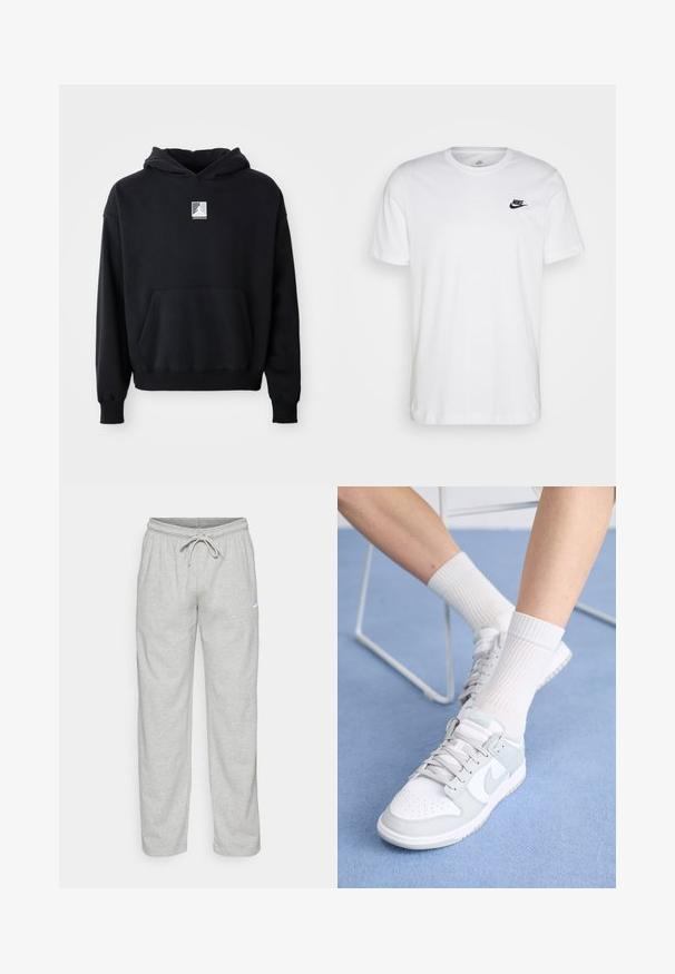 Schwarzer Kapuzenpullover mit einer Fronttasche und kleinem weißen Jordan-Logo, das mittig auf der Brust platziert ist, auf einem schlichten weißen Hintergrund präsentiert.; Weißes Baumwoll-T-Shirt mit Rundhalsausschnitt, kurzen Ärmeln und einem schwarzen Nike-Logo auf der linken Brust. Einfaches, einfarbiges Design.; Helle graue Sweatpants aus weichem Stoff. Mit einem elastischen Bund und Kordelzug sowie dem schwarzen Nike-Logo auf dem linken Oberschenkel.; Weiße Sneakers mit hellblauen Akzenten, Obermaterial aus Leder, perforierte Zehenpartie, dicke Schnürsenkel und gerippte weiße Socken vor einem blauen Hintergrund.