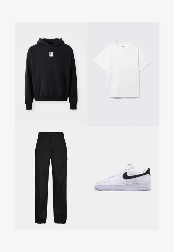 Schwarzer Kapuzenpullover mit einer Fronttasche und kleinem weißen Jordan-Logo, das mittig auf der Brust platziert ist, auf einem schlichten weißen Hintergrund präsentiert.; Weißes T-Shirt mit kurzen Ärmeln und Rundhalsausschnitt, flach liegend, schlichtes Design, mit „WEEKDAY“-Etikett innen im Kragen auf hellem Hintergrund.; Schwarze Cargo-Hosen mit geradem Schnitt, ausgestattet mit Seitentaschen, einem Knopfverschluss und elastischen Bündchen an den Knöcheln. Hergestellt aus strapazierfähigem Material.; Weißes Leder-Sneaker mit einem strukturierten schwarzen Swoosh, flachen Schnürsenkeln und einer Gummisohle mit genoppetem Muster. "AIR" ist auf der Ferse eingeprägt.