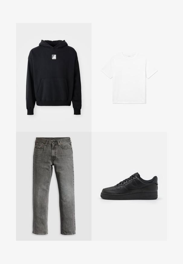 Haut à capuche noir avec poche avant et petit logo Jordan blanc centré sur la poitrine, présenté sur un fond blanc uni.; T-shirt en coton blanc avec des manches courtes, un col rond et un ourlet droit. Texture lisse sans motifs ni accents visibles.; Jean en denim gris avec une coupe droite, comportant cinq poches, des rivets en cuivre et des coutures visibles. Design classique avec une braguette zippée.; Nike Sportswear AIR FORCE 1 07 FLYEASE - Baskets basses - black