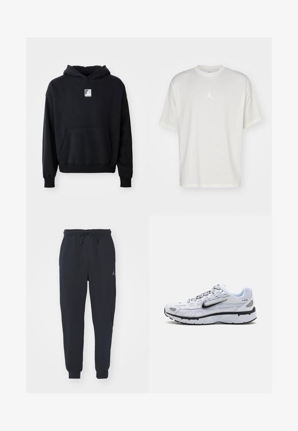 Sort hættetrøje med frontlomme og lille hvid Jordan-logo centreret på brystet, præsenteret på en ensfarvet hvid baggrund.; Hvid bomulds t-shirt med rund halsudskæring, korte ærmer og et lille broderet logo i midten. Løst fit design med minimal syning.; Sorte joggingbukser lavet af blødt stof, med en elastisk talje med snøre, ribbede manchetter og et lille logo på venstre lår.; Hvide løbesko med mesh-overdel, rund tå, sorte accenter og mønstret sål. Har snøring og branding på siden.