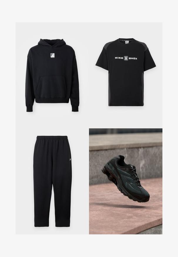 Haut à capuche noir avec poche avant et petit logo Jordan blanc centré sur la poitrine, présenté sur un fond blanc uni.; T-shirt noir Nike Shox à manches courtes, avec un logo réfléchissant sur le devant et des panneaux latéraux gris contrastants. Texture lisse.; Pantalon de survêtement noir avec une taille élastique, présentant un petit logo blanc sur le côté gauche. Fabriqué en tissu doux et léger. Coupe droite.; Baskets athlétiques noires avec une semelle intercalaire à coussin d’air visible flottant au-dessus d’une surface en pierre rose avec un mur en pierre gris en arrière-plan.