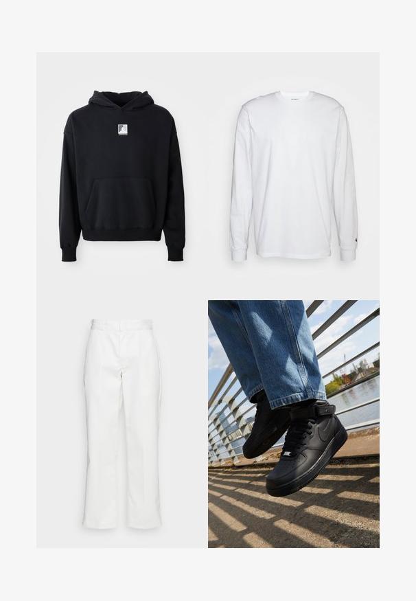 Schwarzer Kapuzenpullover mit einer Fronttasche und kleinem weißen Jordan-Logo, das mittig auf der Brust platziert ist, auf einem schlichten weißen Hintergrund präsentiert.; Weißes Langarm-T-Shirt aus Baumwolle. Rundhals-Design mit gerippten Bündchen und kleinem Logo auf dem linken Ärmel. Glatte Textur.; Weiße Baumwollhosen mit geradem Bein, Gürtelschlaufen und Seitentaschen, mit einer glatten Textur und minimaler Ausgestaltung.; Schwarze Nike Air Force 1 Sneakers mit Obermaterial aus Leder, Mesh-Zunge und Gummisohle, die ein hoch geschnittenes Design und dicke Schnürsenkel aufweisen.