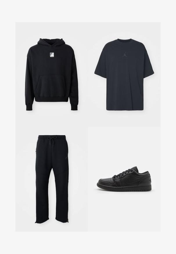 Schwarzer Kapuzenpullover mit einer Fronttasche und kleinem weißen Jordan-Logo, das mittig auf der Brust platziert ist, auf einem schlichten weißen Hintergrund präsentiert.; Schwarzes Baumwoll-T-Shirt mit lockerem Schnitt, rundem Hals, kurzen Ärmeln, mit einem dezenten Logo und dem Text "AIR" über dem Logo in der Mitte.; Schwarze Sporthose mit elastischem Bund und Kordelzug, seitlichen Taschen, schmal zulaufenden Beinen und Reißverschlüssen an den Knöcheln. Glatte Textur.; Schwarze Leder-Sneaker mit niedriger Schuhform, durchlöchtem Zehenbereich, flachen Schnürsenkeln, gepolstertem Kragen und strukturiertem Außensohlen. Mit einem dezenten Logo auf der Ferse.