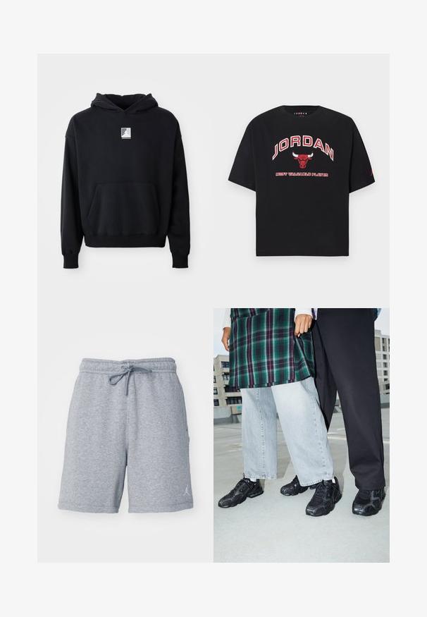 Schwarzer Kapuzenpullover mit einer Fronttasche und kleinem weißen Jordan-Logo, das mittig auf der Brust platziert ist, auf einem schlichten weißen Hintergrund präsentiert.; Schwarzes Baumwoll-T-Shirt mit kurzen Ärmeln, versehen mit dem auffälligen weißen und roten Schriftzug "JORDAN" und einem Stier-Logo, beschriftet mit "MOST VALUABLE PLAYER".; Graue Sweatshorts aus weichem Stoff, mit einem elastischen Bund und einem Kordelzug sowie einem dezenten Logo auf dem linken Oberschenkel.; Schwarze Sportschuhe mit Mesh- und Gummielementen. Kombiniert mit hellgrauen weiten Jeans und einem karierten grünen Oberteil. Flacher Hintergrund.