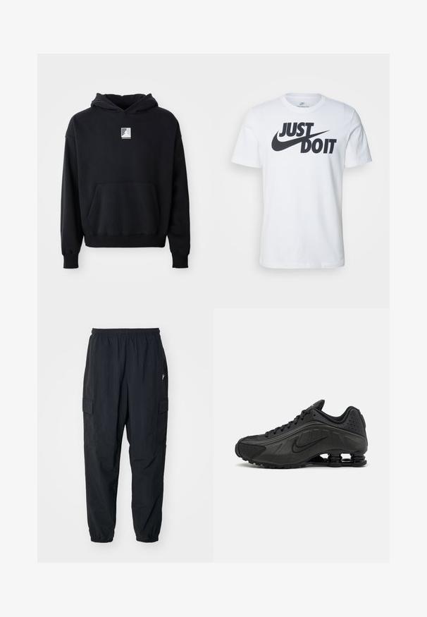 Schwarzer Kapuzenpullover mit einer Fronttasche und kleinem weißen Jordan-Logo, das mittig auf der Brust platziert ist, auf einem schlichten weißen Hintergrund präsentiert.; Weißes Baumwoll-T-Shirt mit einem auffälligen schwarzen "Just Do It"-Logo und Nike-Swoosh. Klassisches Rundhalsausschnitt-Design mit kurzen Ärmeln.; Schwarze Cargo-Hosen aus leichtem Material mit einem elastischen Bund, Seitentaschen und einer lockeren Passform mit elastischen Bündchen.; Schwarze Laufschuhe mit einem glatten synthetischen Obermaterial, durchbrochenen Akzenten, strukturierten Seitenpaneelen und einer ausgeprägten federnden Sohle.