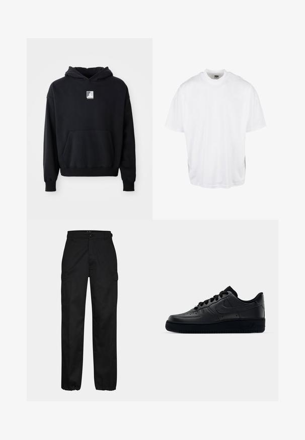 Zwarte hoodie met een voorzak en een klein wit Jordan-logo gecentreerd op de borst, weergegeven op een eenvoudige witte achtergrond.; Witte katoenen t-shirt met een relaxte pasvorm, korte mouwen en een ronde halslijn, met een rechte zoom en geen zichtbare grafische afbeeldingen of patronen.; Zwarte cargobroek met een rechte pasvorm, voorzien van zijzakken, een knoopsluiting en elastische boorden bij de enkels. Gemaakt van duurzaam materiaal.; Zwarte Nike Air Force 1 sneaker met een gladde leren bovenkant, geperforeerde neus voor ademend vermogen, zwarte veters en een getextureerde rubberen zool.