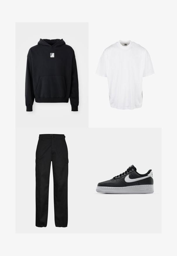 Haut à capuche noir avec poche avant et petit logo Jordan blanc centré sur la poitrine, présenté sur un fond blanc uni.; T-shirt en coton blanc avec une coupe décontractée, des manches courtes et un col rond, présentant un ourlet droit et sans graphiques ni motifs visibles.; Pantalons cargo noirs avec une coupe droite, dotés de poches latérales, d'une fermeture à bouton et de poignets élastiques aux chevilles. Fabriqués en tissu résistant.; Baskets en cuir noir avec surface texturée, swoosh Nike blanc, semelle grise, bout rond et design à lacets. Comprend des perforations sur la boîte à orteils.
