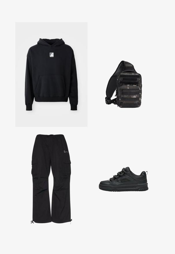Schwarzer Kapuzenpullover mit einer Fronttasche und kleinem weißen Jordan-Logo, das mittig auf der Brust platziert ist, auf einem schlichten weißen Hintergrund präsentiert.; Schwarze Cargo-Hosen aus leichtem Material, mit elastischem Bund und Kordelzug, seitlichen Taschen und verstellbaren Bündchen.; Schwarzer Low-Top-Sneaker mit dicker Sohle, gepolstertem Kragen, Mesh-Einsätzen und kräftigen Schnürsenkeln, dargestellt vor weißem Hintergrund.; Kompakte schwarze und graue Camouflage-Taktik-Slingtasche mit mehreren Reißverschlussfächern und verstellbarem, gepolstertem Schultergurt.