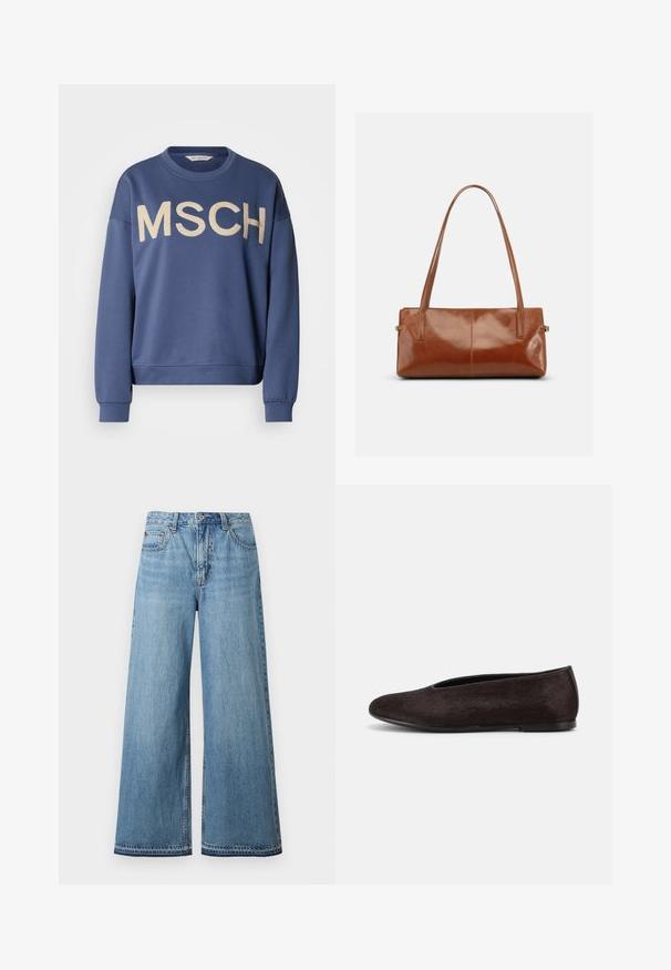 Sweat-shirt bleu à col ras du cou, manches longues, avec "MSCH" brodé en or sur le devant. Tissu doux avec une coupe décontractée.; Jean en denim bleu clair taille haute avec jambes larges, fermeture avant par bouton et fermeture éclair, et design à cinq poches.; Chaussure plate noire avec un bout arrondi et un petit talon, présentant une surface lisse légèrement texturée et un design simple à enfiler.; Sac à main rectangulaire en cuir marron avec deux longues bandoulières, finition lisse et brillante, au design minimaliste sur un fond uni.
